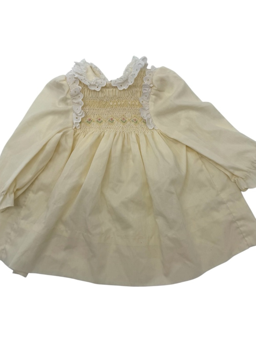 Vintage Yellow Smocked Baby Dress with Lace Collar & Flower Detail